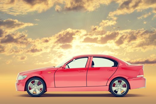 Red car on colorful sky background, side view