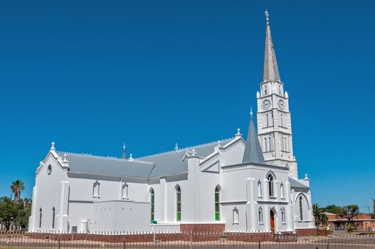 ABERDEEN, SOUTH AFRICA - JANUARY 6, 2015: The first part of the Dutch Reformed Church was completed in 1864. The steeple is the tallest in South Africa and leans by 18 cm