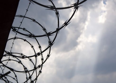 Photograph of a cloudy sky with a barb´s wire shadow or silhouette