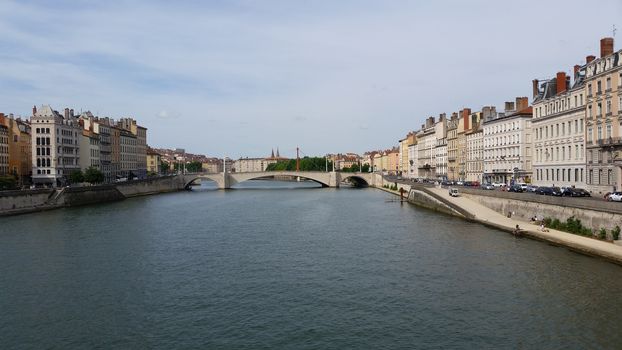 Panoramic view of Lyon and Bonaparte Bridge (Pont Bonaparte) on Saone River