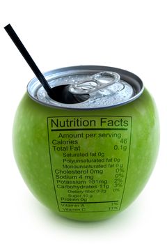 Conceptual image of apple fruit as an aluminium juice can with nutrition facts 