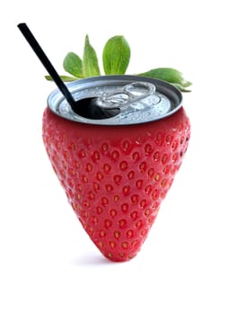 Strawberry juice fruit can with straw over a white background
