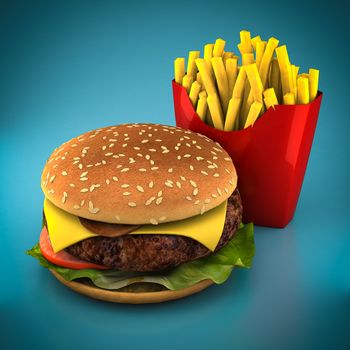 Hamburger and fries on a blue background