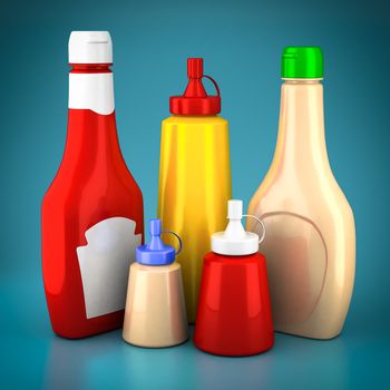 Bottles of ketchup, mustard and mayonnaise on a blue background