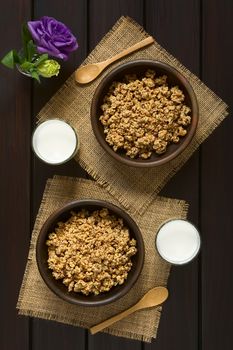Dried berry and oatmeal breakfast cereal in rustic bowls with glasses of milk, photographed overhead on dark wood with natural light 