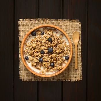 Dried berry and oatmeal breakfast cereal with fresh blueberries and milk in wooden bowl, photographed overhead on dark wood with natural light