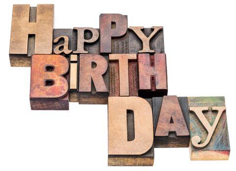 Happy Birthday sign or greeting card - isolated text in vintage mixed letterpress wood type