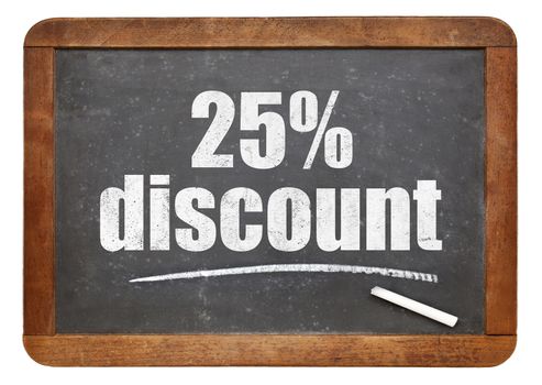 twenty five percent discount sign - white chalk text on an isolated  vintage slate blackboard