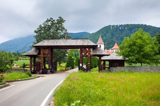 Wood entrance gate from Sambata de Sus Monastery in Transylvania, Romania