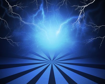 Abstract blue background with lightning and stripes at bottom. Set your object in center