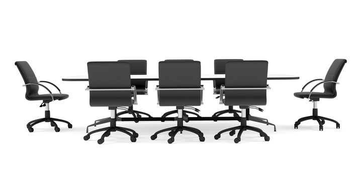 Conference table and black office chairs. Front view. Isolated render on white background