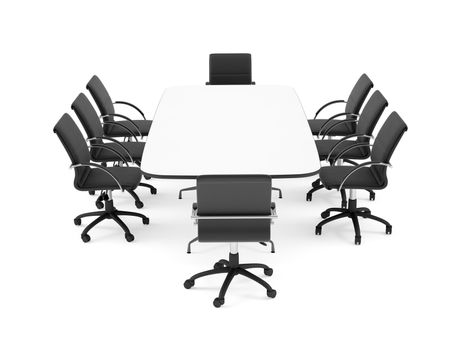 Big conference table and eight black office chairs. Isolated render on white background