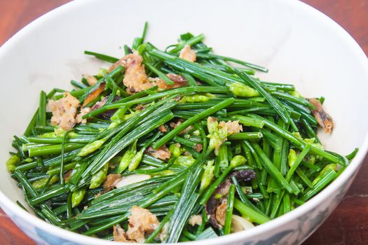 Stir Fried Garlic Chives with Mackerel Stock Photo