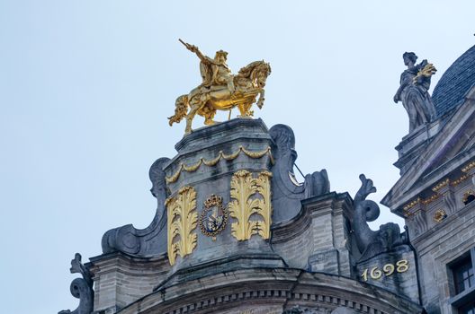 Golden Sculpture on Ancient Buildings In Grand Place, Brussels, Belgium.