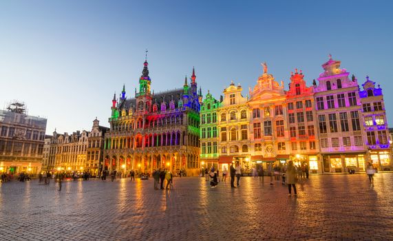 Grand Place with colorful lighting at Dusk in Brussels, Belgium