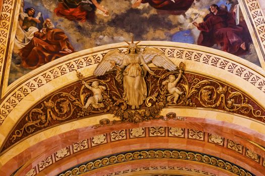 Dome Angel Statue Frescos San Francisco el Grande Royal Basilica Madrid Spain. Basilica designed in the second half of 1700s, completed by Francisco Sabatini.