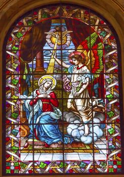 Anunciation Archangel Gabriel Tell Mary She Will Have Jesus  Stained Glass San Francisco el Grande Royal Basilica Madrid Spain. Basilica designed in the second half of 1700s, completed by Francisco Sabatini.