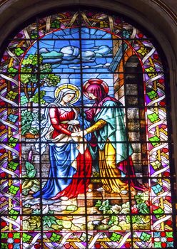 Visitation Mary with Jesus in Womb Meets Elizabeth with John the Baptist in Womb Stained Glass San Francisco el Grande Royal Basilica Madrid Spain. Basilica designed in the second half of 1700s, completed by Francisco Sabatini.