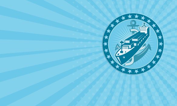 Business card showing illustration of a cargo container freight ship  with anchor set inside circle with stars all around done in retro style.