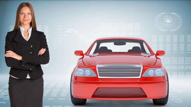 Businesslady with red car looking at camera on abstract blue background