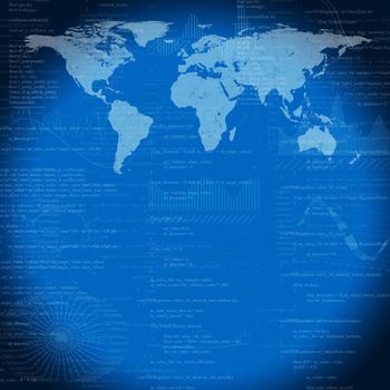 Abstract blue background with world map and graphs