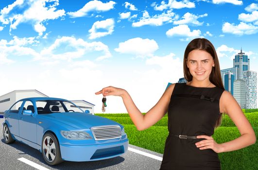 Smiling young businesswoman holding car key on nature background with blue car