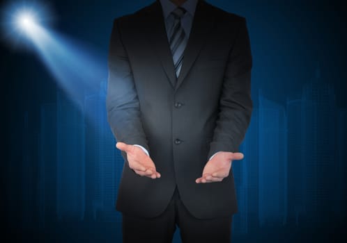 Businessman in suit on abstract blue background with buildings