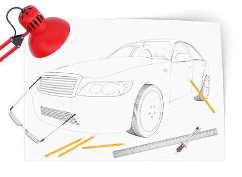 Graphic car model on blank sheet with lamp and different stuff on isolated white background, close-up view