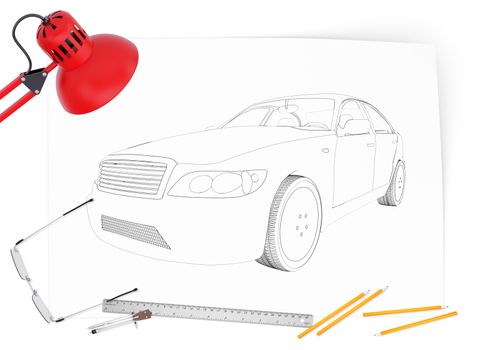 Graphic car model on blank sheet with lamp and different stuff on isolated white background