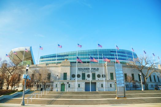 CHICAGO - APRIL 10: Soldier Field stadium on April 10, 2014 in Chicago, IL. It's an American football stadium on the Near South Side of Chicago. Opened in 1924, it is the oldest NFL stadium.