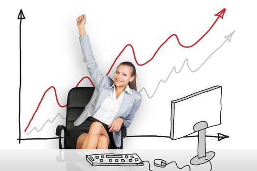 Smiling businesswoman sitting in the chair and raising right hand with graph on background
