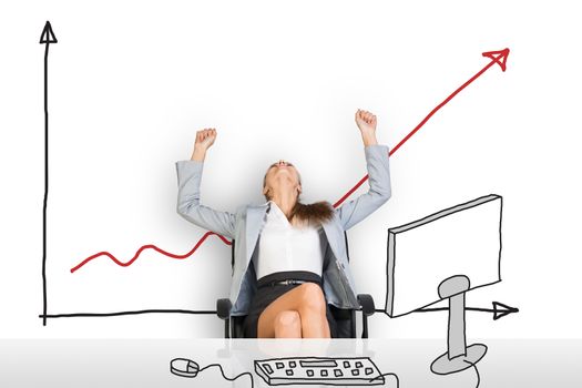 Smiling businesswoman sitting in the chair and raising hands with graph on background