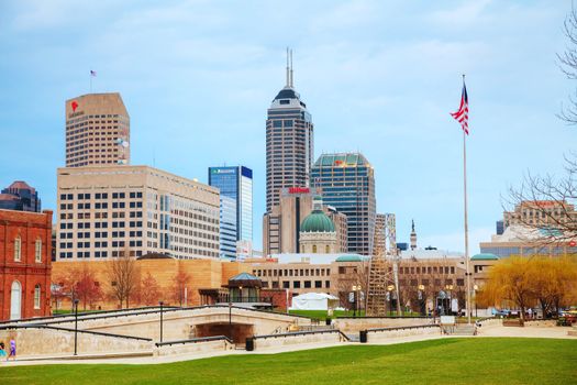 INDIANAPOLIS - APRIL 11: Downtown overview on April 11, 2014 in Indianapolis, Indiana. It's the capital and most populous city of the U.S. state of Indiana, and also the county seat of Marion County.