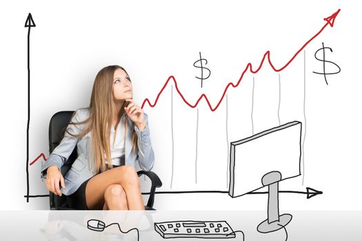 Thinking businesswoman sitting in chair with crossed legs and looking up with graph on background