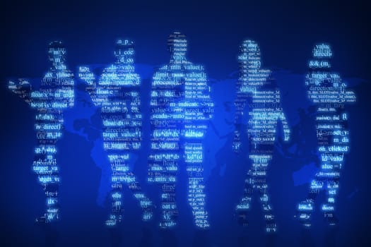 Abstract silhouette of businesspeople on blue background with world map