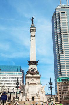 INDIANAPOLIS - APRIL 11: Downtown of Indianapolis with the Sailors and Soldiers Monument on April 11, 2014 in Indianapolis, IN. The monument is the first in the US dedicated to the common soldier.