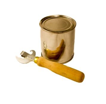 opener and tin on a white background isolated