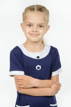 Half-length portrait cheerful fun six-year girl Europeans