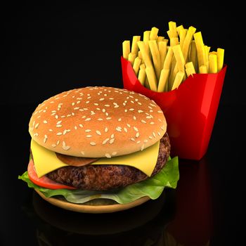 Hamburger and fries on a black background