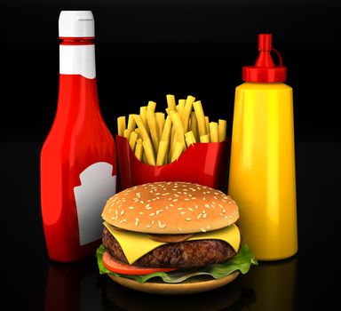 Hamburger, french fries, mustard and ketchup on a black background