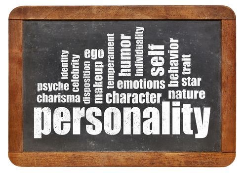 personality word cloud on an isolated vintage blackboard