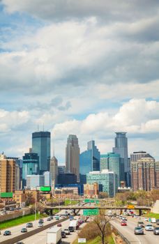 Downtown Minneapolis cityscape on a cloudy day