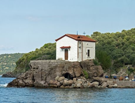 Tiny and picturesque church of Panagia Gorgona in the Lesvos fishing village of Skala Sikaminias