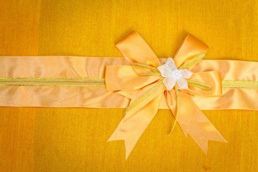 Abstract ribbon bow on fabric background.