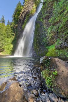 Horsetail Falls in Columbia River Gorge Oregon on a Sunny Day with Clear Blue Sky