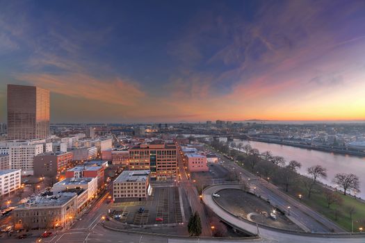 Freeway Ramp to Downtown Portland Oregon along Willamette River Waterfront at Sunrise Cityscape