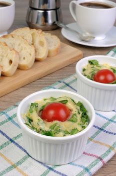 Omelet  spinach and cheese in the form of a batch with a cup of coffee