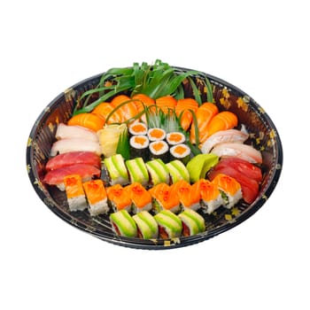 take away selection of fresh sushi express on plastic tray 