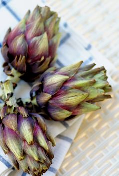 Big Ripe Crunchy Artichokes closeup on Wicker White background. Selective Focus