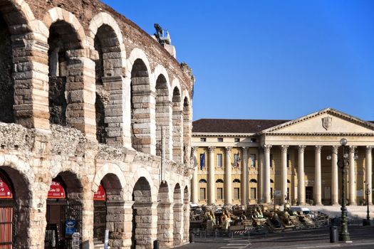 detail of arena of Verona, Italy, during  preparation of representation